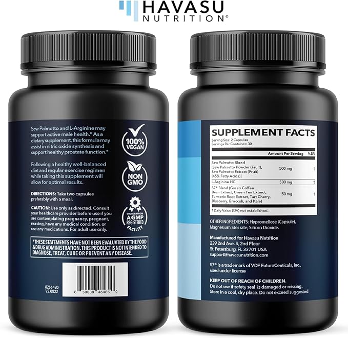 Saw Palmetto 500mg and L-Arginine 500 mg - Prostate Health and Nitric Oxide Supplements for Men - 60 Count - Urinary Function Support and Endurance for Active Males - Vegan Non-GMO 1 Month Supply