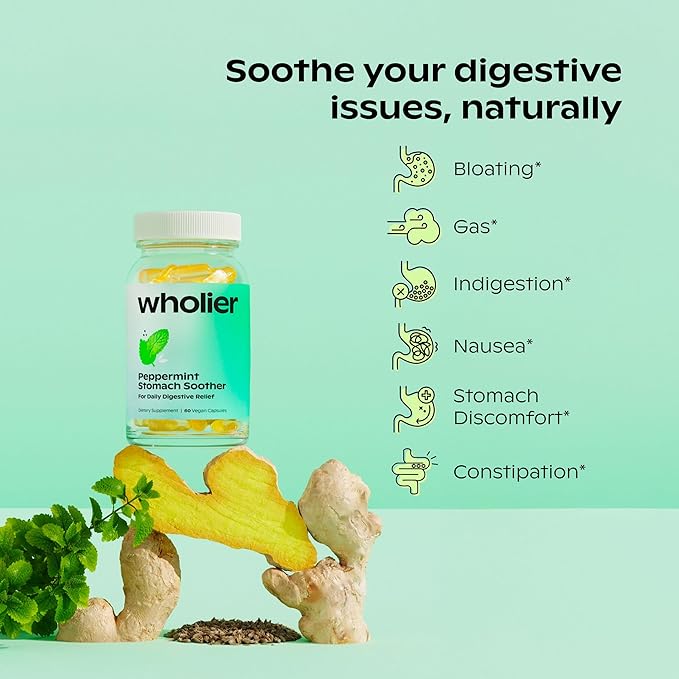 wholier Peppermint Oil Ginger Root Oil for Bloating Relief Nausea Relief Upset Stomach Relief + Gut Health. Daily Herbal Supplement. Peppermint Stomach Soother. (60 Vegan Capsules) Glass Bottle