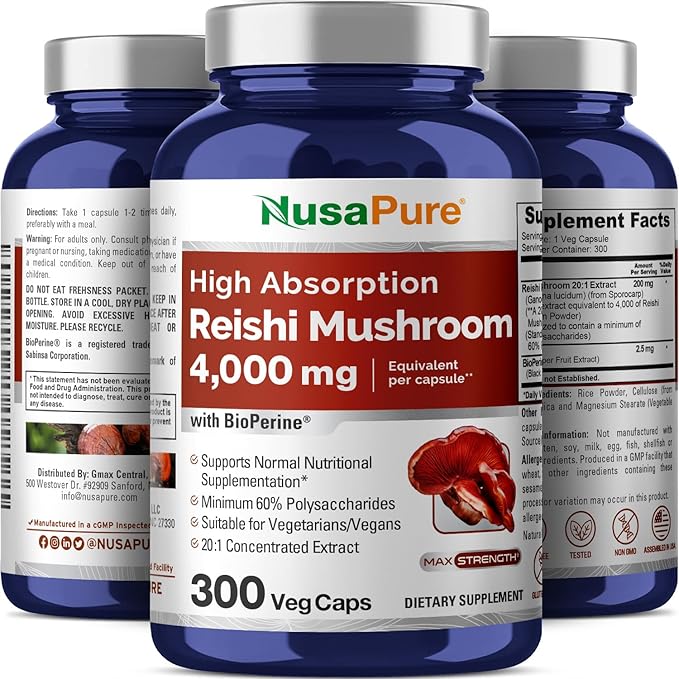 NusaPure Reishi Mushroom Extract 20:1 Extract 200 mg Equivalent to 4000mg per Capsule 300 Veggie Caps Vegan Non-GMO Vegan