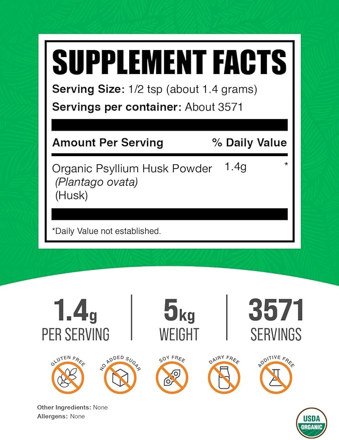 BulkSupplements.com Organic Psyllium Husk Powder - Psyllium Husk Powder for Baking Fiber Supplement - Gluten Free 1.4g per Serving 1kg (2.2 lbs) (Pack of 5)