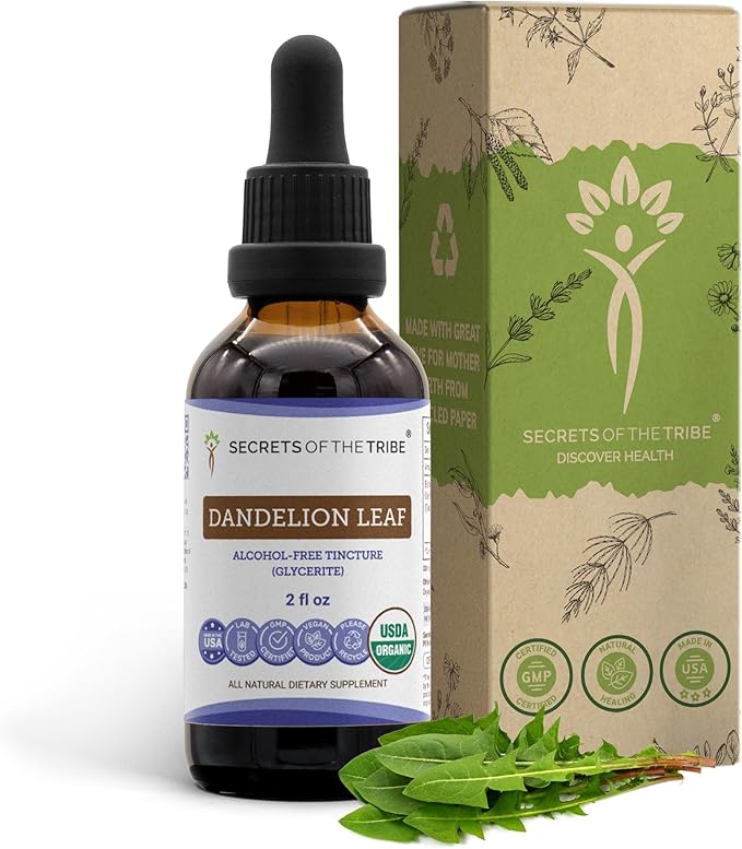 Secrets of the Tribe Dandelion Leaf USDA Organic | Alcohol-Free Extract High-Potency Herbal Drops Digestive System | Made from 100% Certified Organic Taraxacum Officinale Dried Leaf 2 oz