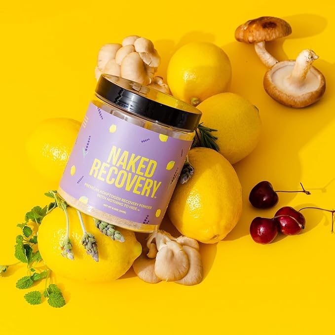 NAKED Recovery - Mushroom Supplement Powder - Lions Mane Cordyceps Reishi Tart Cherries Lemon Balm - Adaptogen Wellness Formula Stress Relief Muscle Recovery - 30 Servings