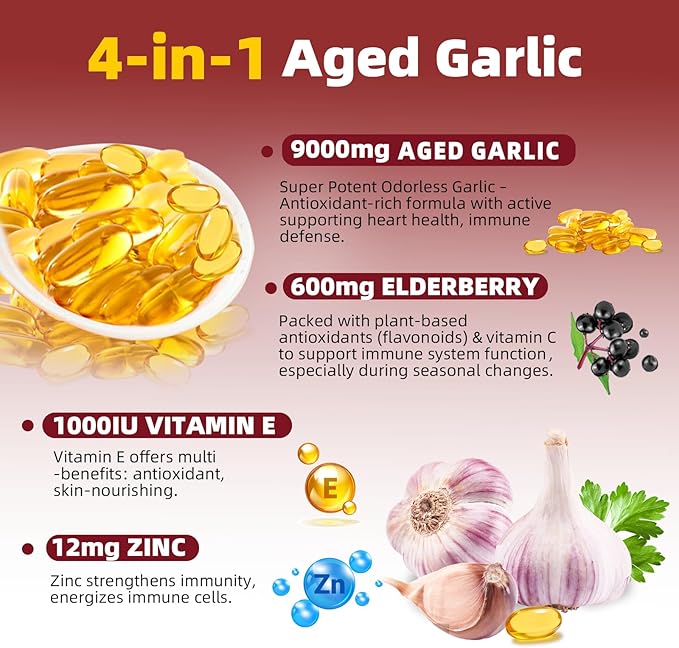 Aged Garlic Extract Capsules – 9000mg High Potency 2 Years Matured Odorless Garlic Supplements with Elderberry Vitamin E &amp Zinc for Heart &amp Immune Support Antioxidant Supplements 300 Softge