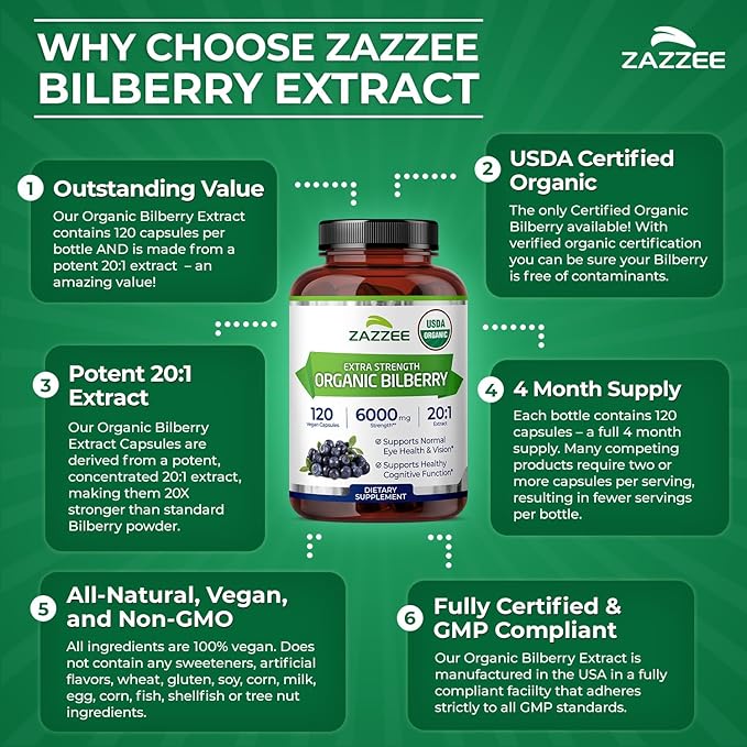 Zazzee USDA Organic Bilberry 20:1 Extract 120 Vegan Capsules 4 Month Supply Vaccinium Myrtillus Eye Health Vision &amp Antioxidant Support All-Natural Non-GMO Made in the USA