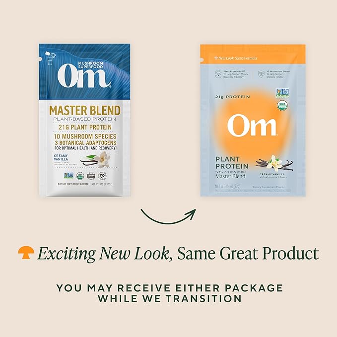 OM MUSHROOM SUPERFOOD Master Blend Vegan Protein – Organic Vanilla Plant Protein with 10 Mushrooms Ashwagandha BCAAs &amp B12 – Energy Recovery &amp Immune Support – 10 Single Serves