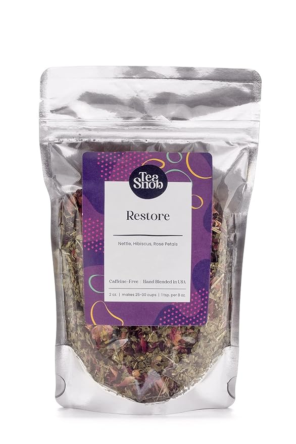 Tea Snob's Restore blend Hibiscus Nettle Rose 2oz loose leaf tea hot or iced caffeine free hand blended resealable pouch keeps your tea fresh makes 25-30 cups
