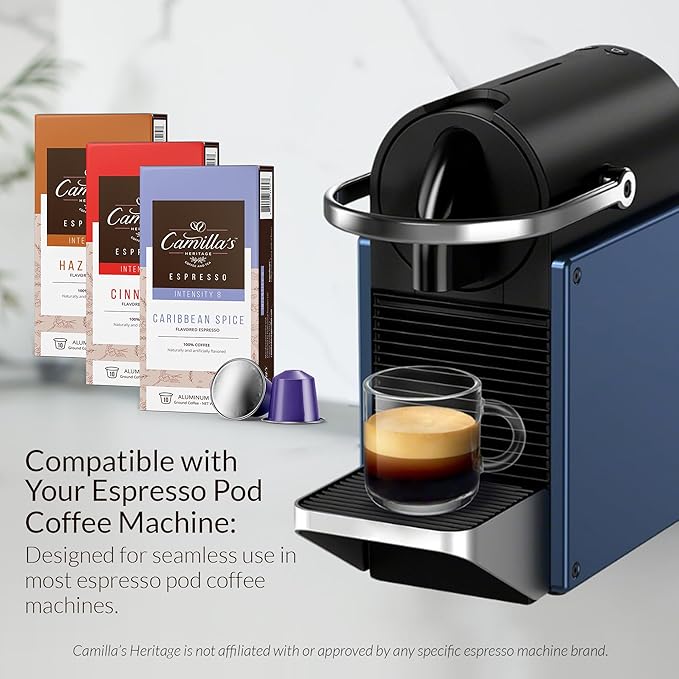 Camilla’s Heritage - Intensity 8 Flavored Espresso Coffee Spiced Variety Pack (Caribbean Spice Cinnamon &amp Hazelnut Espresso Cups) 60 Coffee Pods