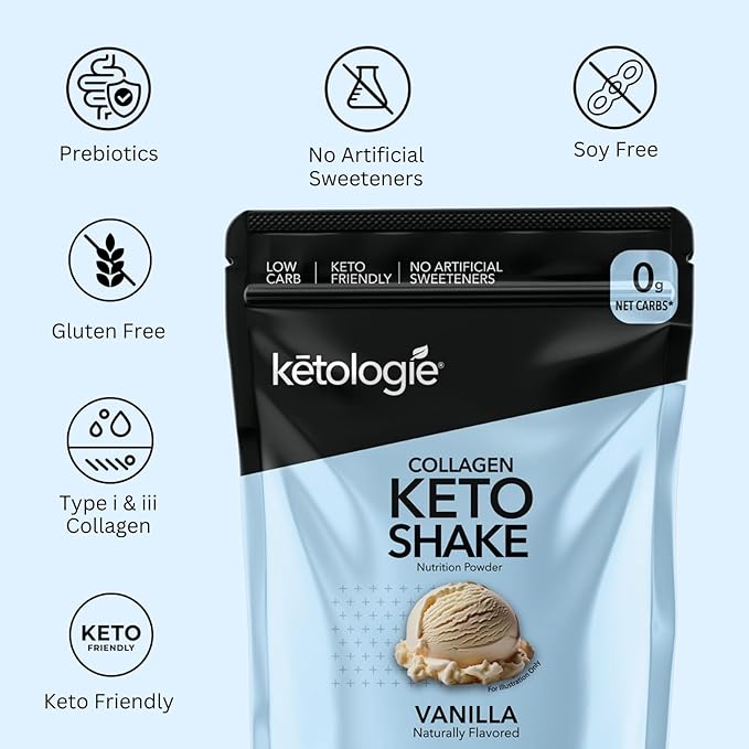 Keto Collagen Shake (Vanilla) - with Coconut Oil Prebiotics Grass Fed Hydrolyzed Collagen Peptides Type I &amp III Low Carb Gluten Free1.78lbs.