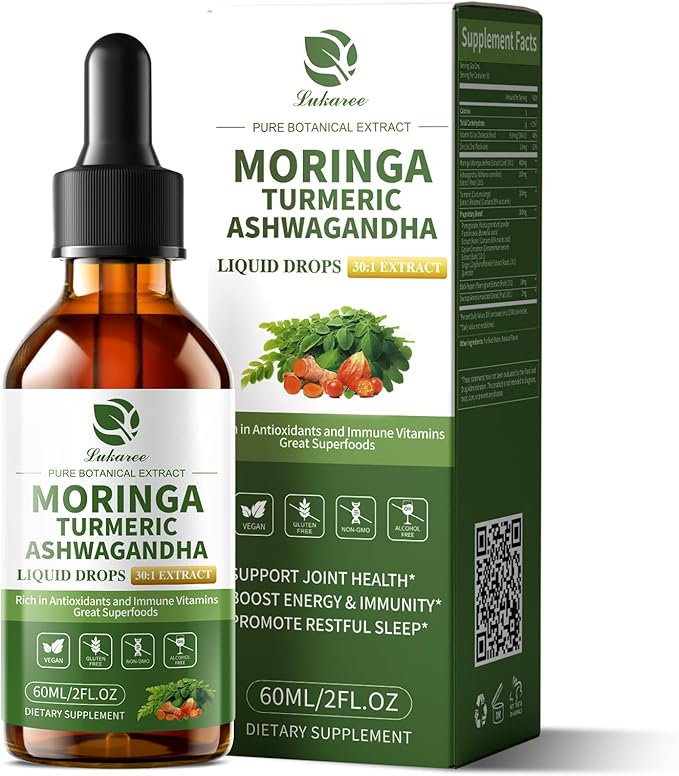 12-in-1 Organic Moringa Drops with Ashwagandha Turmeric Quercetin Lipsomal 98% Absorption &amp 30:1 Extract for Energy Immune Joint Digestive Metabolism Vegan Non-GMO More Potency Than Moringa Pow