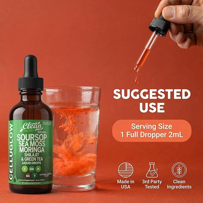 Clean Nutra Soursop Liquid Drops Sea Moss Moringa Shilajit Green Tea Vitamin D Vitamin C Garlic Supplements Grape Seed Lycopene Turmeric Root 4 Oz Immune Support &amp Cellular Health by Clean Nutra