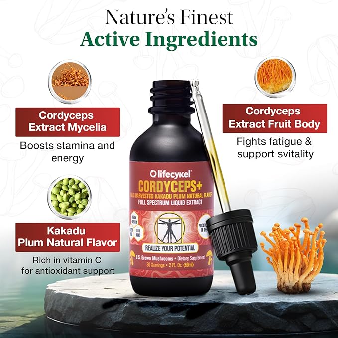 Life Cykel Cordyceps +Lion's Mane Extract Performance Pack - Organic Mushroom Supplement for Energy Focus &amp Mental Clarity - USA Made Pure &amp Potent Mushroom Liquid Drops for Adults