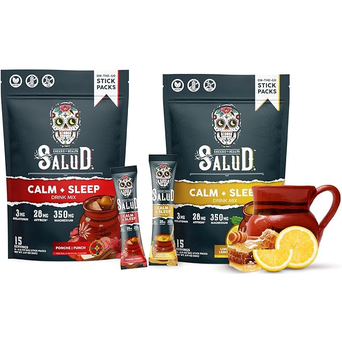 Salud 2-Pack | 2-in-1 Calm + Sleep (Punch) &amp Calm + Sleep (Lemon Honey) – 15 Servings Each Drink Mix Dairy &amp Soy Free Non-GMO Gluten Free Vegan Low Calorie 1g of Sugar
