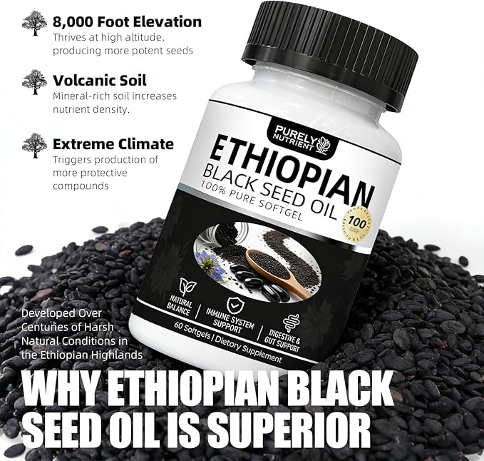 Purely Nutrient Ethiopian Black Seed Oil Ethiopian Black Seed Oil Softgels |4.64% Thymoquinone | Non-GMO Gluten-Free60 Capsules-2PCS