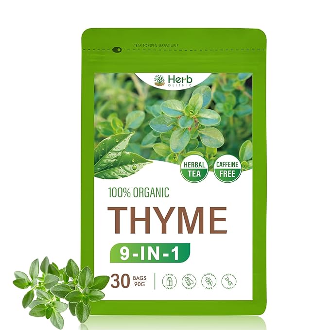 HerbOLITHIC Thyme Tea Bags for Respiratory Function Support &amp Lung Cleaning 9-in-1 Herbal Tea with Licorice Echinacea Reishi Spore Powder Extract for Immune Support 30 Teabags - Té de Tomillo