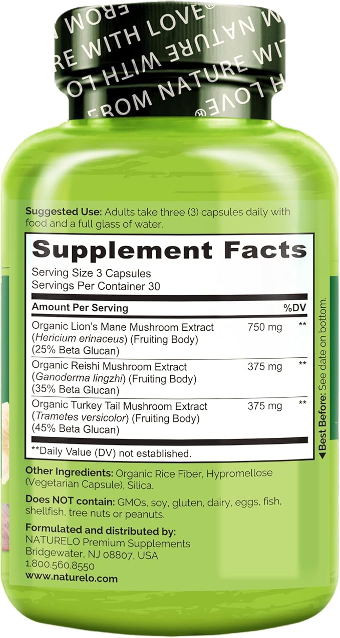 NATURELO Mushroom Supplement – Brain &amp Immune Health Blend with Lion’s Mane Reishi Turkey Tail – 90 Vegan Friendly Capsules (Pack of 2)