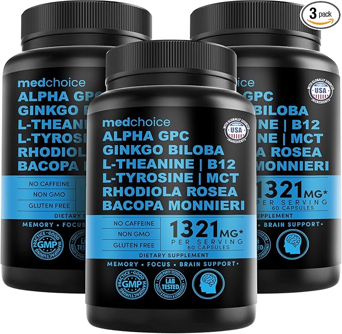12-in-1 Nootropic Brain Supplement Anhydrous: Ginkgo Biloba for Brain Support Memory and Focus - B12 Alpha GPC L Theanine and Choline Supplements with Bioperine non Caffeinated 1321mg (180ct)