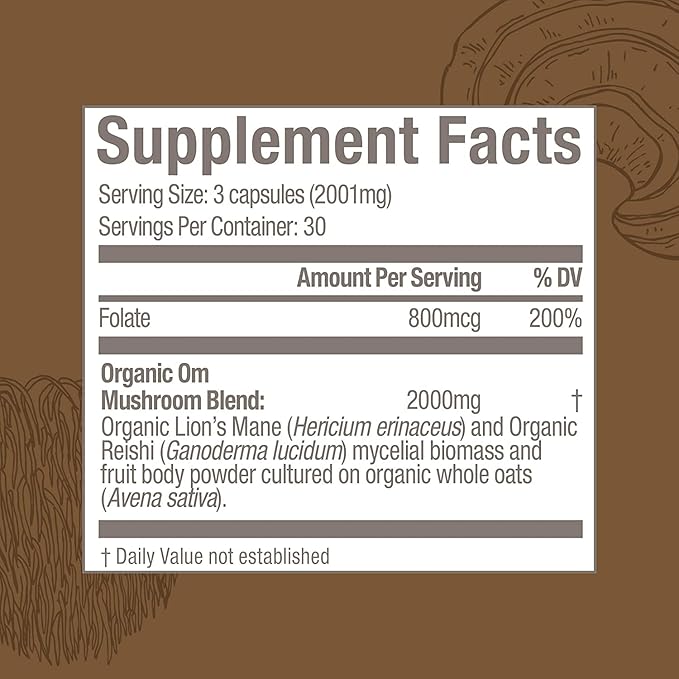 OM MUSHROOM SUPERFOOD Brain Fuel Mushroom Powder Capsules Superfood Supplement 90 Count 30 Days Lion's Mane Reishi Blend Plus Folate Mental Clarity Mushroom Supplement