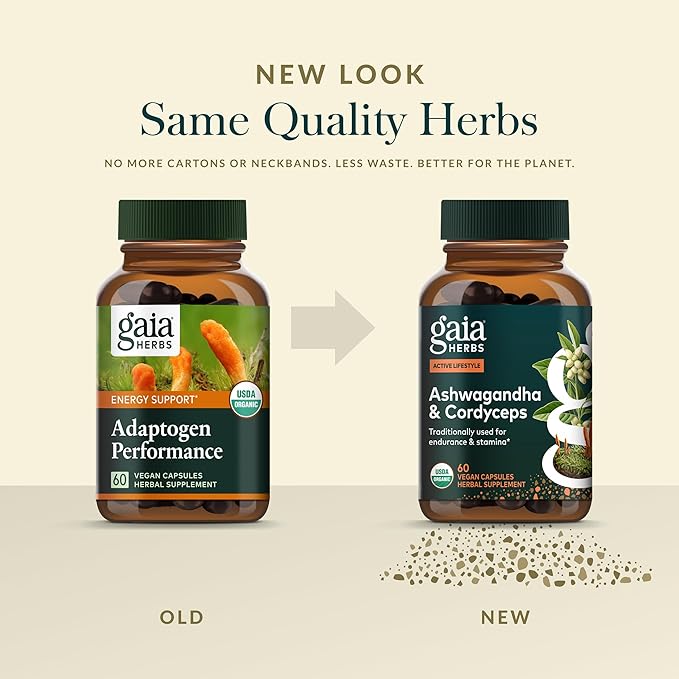 Gaia Herbs Adaptogen Performance - Energy Support Supplement with Ingredients Traditionally Used to Help Sustain Endurance &amp Stamina* - with Cordyceps &amp Ashwagandha - 60 Vegan Capsules (60 Ser