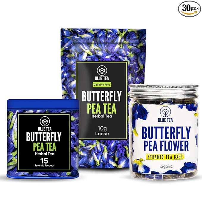 BLUE TEA – Combo - Butterfly Pea Flower Tea (15 Tea Bags) + Butterfly Pea Flower Tea (0.35 Oz) + Butterfly Pea Flower Tea (30 Tea Bags) - Herbal Tea - Gluten Free - Eco-Conscious Packaging