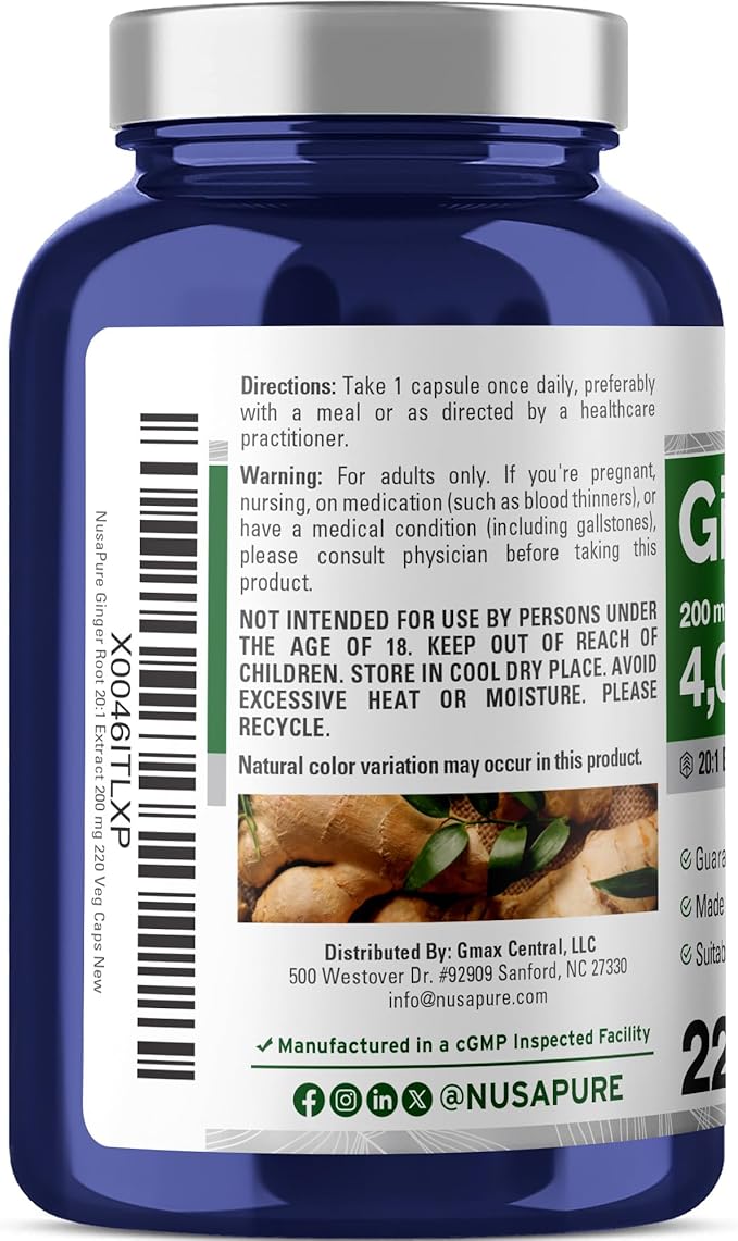 NusaPure Ginger Root Capsules 200 mg 220 Veggie Capsules (Non-GMO Vegan)