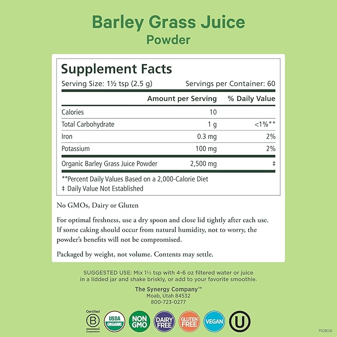 PURE SYNERGY Organic Barley Grass Juice Powder | Chlorophyll-Rich Greens Powder | Organic Cold-Pressed Barley Grass Juice | for Energy Detox and Digestion Support (5.3 oz.)