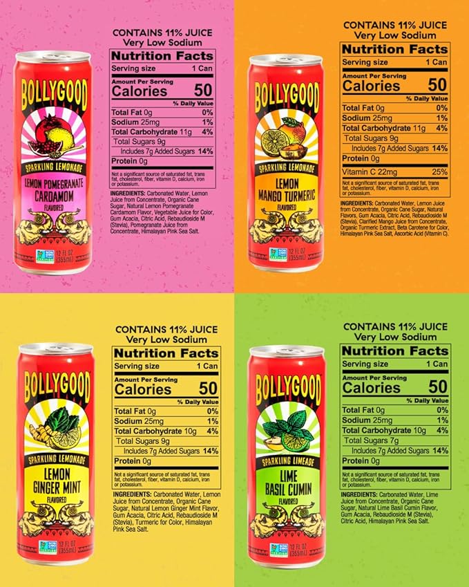 Bollygood Sparkling Lemonade Variety Pack Indian Inspired Beverage Nimbu Pani No Artifical Colors or Flavors Non-GMO Project Verified12 FL OZ Cans (Pack of 12)