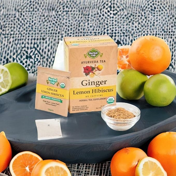Herbal Cup Ayurveda Ginger Tea No Caffeine Organic Herbal Teas (Organic Lemon Hibiscus 16 Count (Pack of 6))