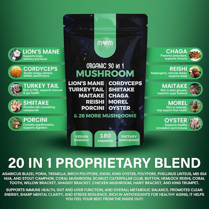 30 in 1 Ultimate Mushroom Supplement - 180 Mushroom Capsules Organic - Lion’s Mane Cordyceps Chaga Reishi Turkey Tail Mitake Shiitake &amp More - Brain &amp Immune Support