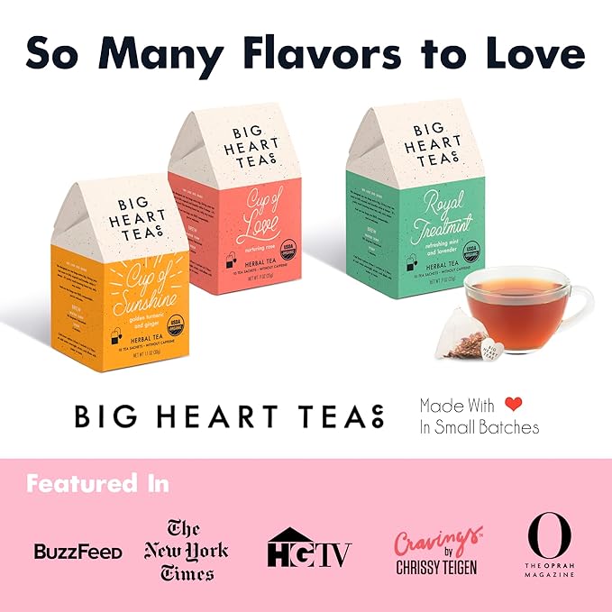 Big Heart Tea Co. Tea Bags - Minty Blue - Small Batch Certified Organic Ayurvedic Herbal Decaf Tea in Zero Plastic Sachets - Adaptogenic Tulsi Butterfly Pea Flower Peppermint 20 Pack