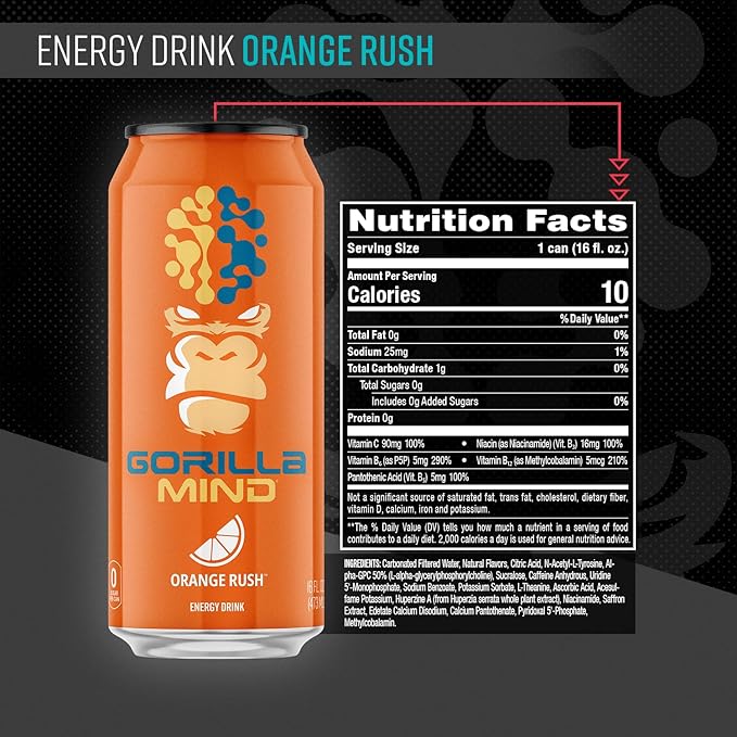 Gorilla Mind Energy Drink | Unmatched Energy · Amplified Focus | N-Acetyl-L-Tyrosine Alpha-GPC 200mg Caffeine Uridine Saffron | 0 Sugar Or Artificial Colors | 16oz 12-Pack (Orange Rush)
