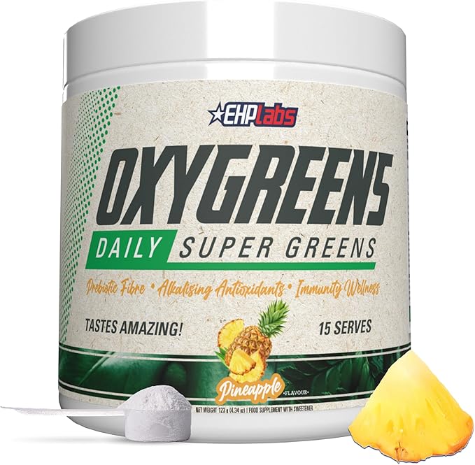 EHP Labs OxyGreens Super Greens Powder with Spirulina &amp Chlorella Prebiotic Fiber Probiotics &amp Digestive Enzymes – Antioxidant Green Superfood Supplement - 15 Serves (Pineapple)