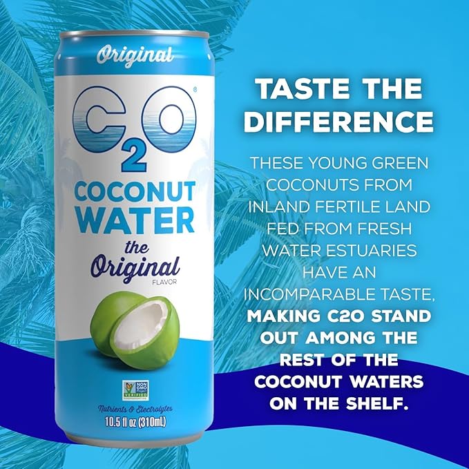 C2O - Coconut Water The Original Flavor (15 Pack) - Made with Fresh Coconut Water - Plant Based - Non GMO - Canned Water - Natural Hydration Electrolytes &amp Potassium - 15 Cans 10.5 FL OZ
