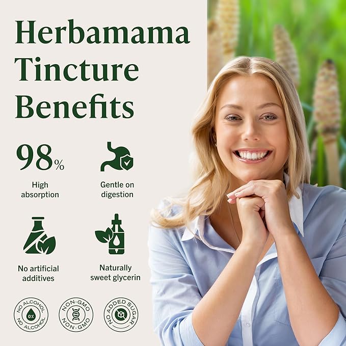 HERBAMAMA Horsetail Supplement Drops - Vegan Hair Nail &amp Skin Care with Horsetail Extract - Non-GMO Alcohol &amp Sugar-Free Liquid Hair Strengthening Tincture 42-Day Supply