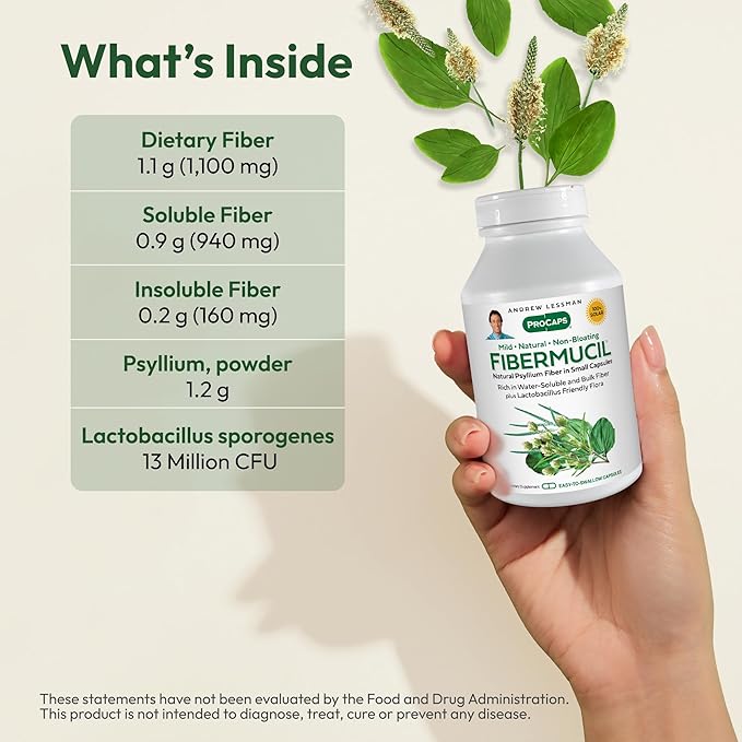 ANDREW LESSMAN Fibermucil 180 Capsules -Psyllium Husk Powder. Gently Promotes Regularity and Digestive Health. Rich in Fiber. Gentle Easy Effective. No Additives. Small Easy to Swallow Capsules