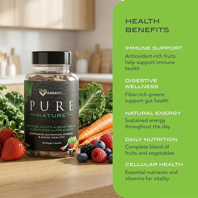 KaraMD Pure Nature | Greens Fruit and Veggies Supplement | Vitamins Fiber &amp Antioxidants | 20 Fruits and Vegetables Supplements for Energy &amp Digestion | Gluten Free &amp Vegan Friendly (4-P