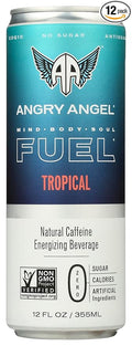 Angry Angel Tropical Energy Drink Natural Caffeine Energizing Beverage Zero Sugar Calories &amp Artificial Ingredients Keto Non-GMO 12 Fluid Ounce (Pack of 12)