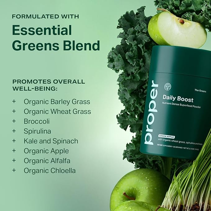 Proper The Greens Daily Boost Organic Greens Powder. Whole Food Apple Flavour Veggie Powder Superfood with Wheatgrass Spirulina Chlorella Probiotics. Daily Drink Mix for Wellness and Digestion