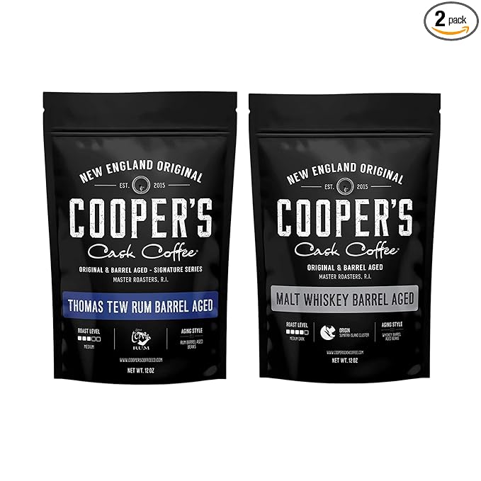 Single Origin Sumatra Coffee Beans Aged in Stout Whiskey Barrels - Ground Coffee - 12 oz and Rwanda Coffee Beans Aged in Thomas Tew RUM Barrels - Ground Coffee - 12 oz