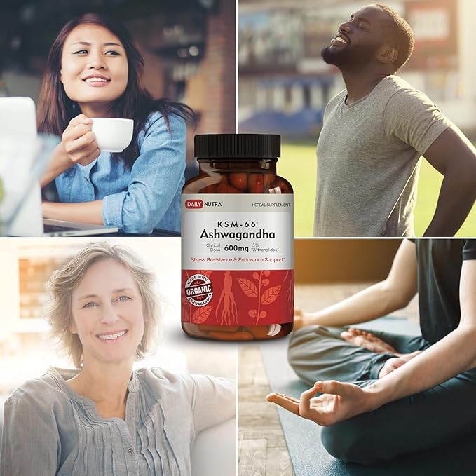 DailyNutra KSM-66 Ashwagandha 600mg Organic Root Extract - High Potency Supplement with 5% Withanolides | Relieves Tiredness Supports Relaxation Focus Energy &amp Muscle Growth (60 Capsules)