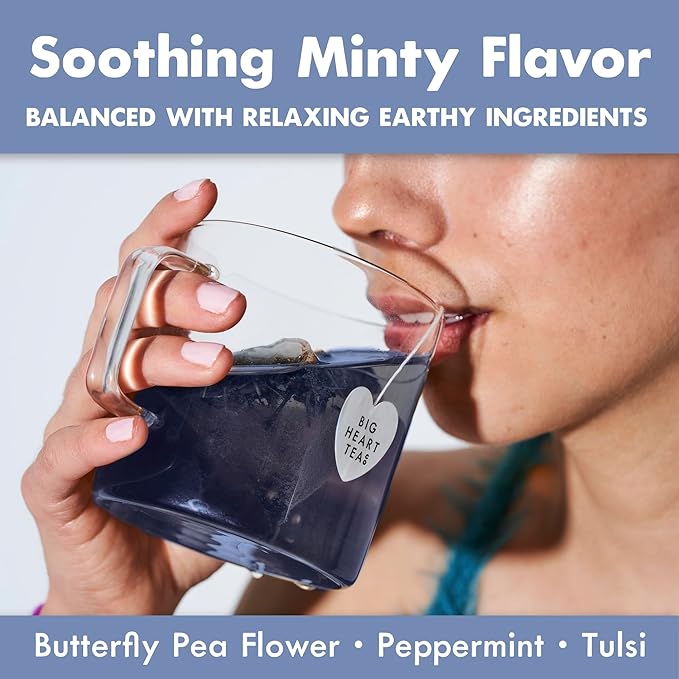 Big Heart Tea Co. Tea Bags - Minty Blue - Small Batch Certified Organic Ayurvedic Herbal Decaf Tea in Zero Plastic Sachets - Adaptogenic Tulsi Butterfly Pea Flower Peppermint 20 Pack