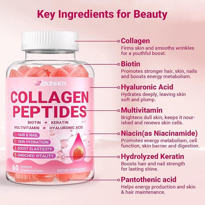 Collagen Gummies for Women - Sugar-Free Hydrolyzed Collagen Gummy with Biotin Hyaluronic Acid &amp MultiVitamins Type I II III V &amp X Collagen Peptides - Promote Skin/Hair/Nail/Bones 60 Cts