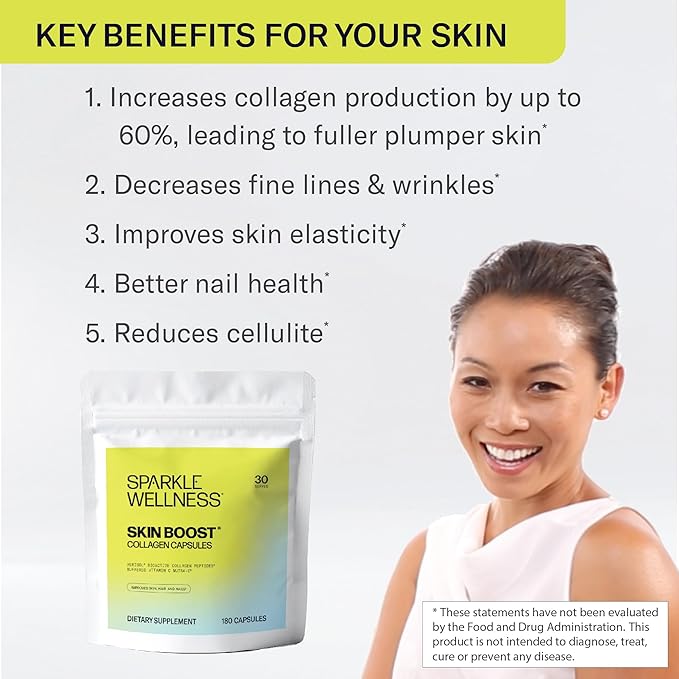 Sparkle Wellness Skin Boost Collagen Capsules (180 Pills) | 30 Days of 2500mg VERISOL Collagen Peptides &amp Vitamin C | Improves Skin Elasticity &amp Appearance of Fine Lines | Strengthens Hair &am