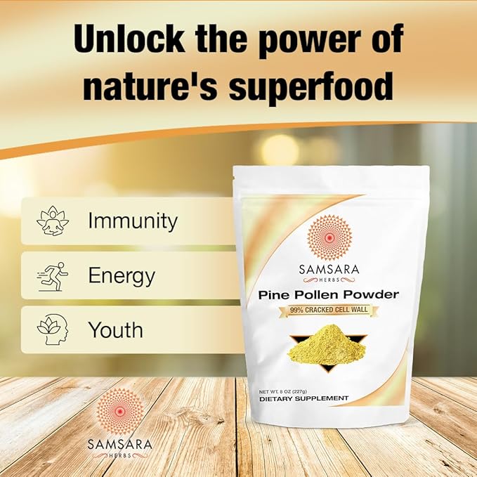 Samsara Herbs Pine Pollen Powder Wild Harvested - 99% Cracked Cell Wall (16oz/454g) Supports Healthy Energy &amp Longevity