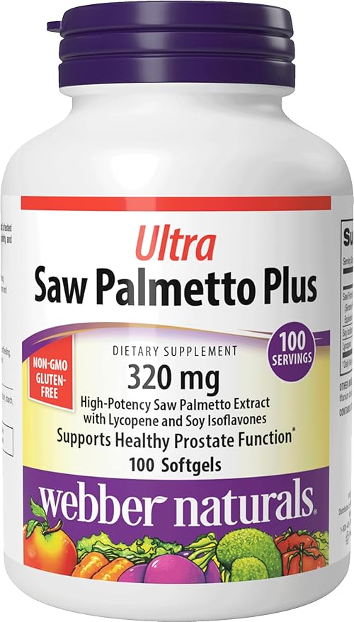 Webber Naturals Ultra Saw Palmetto Plus 320mg per Softgel Supports Healthy Prostate Function Herbal Health Supplement with Lycopene 100 Softgels Gluten Free