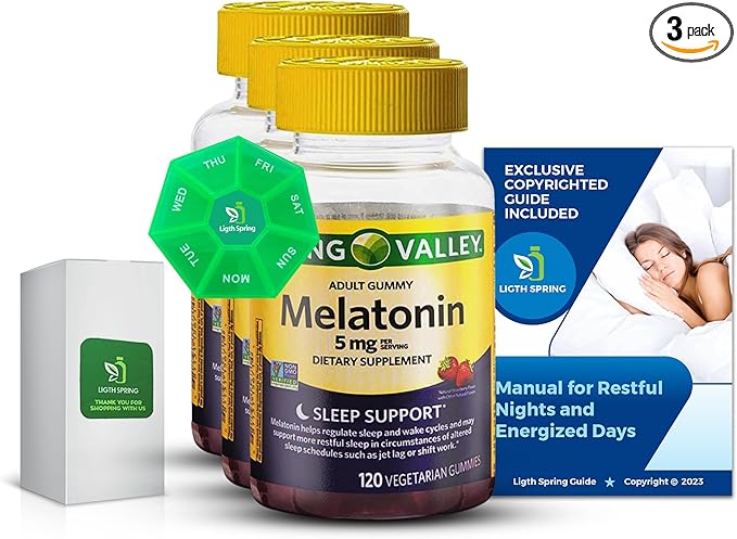 Melatonin 5Mg 120 Gummies Sleep Support (3 Pack) with Bundle Exclusive Better Ligth&ampSpring Guide + Weekly Pill Organizer (5 Items)