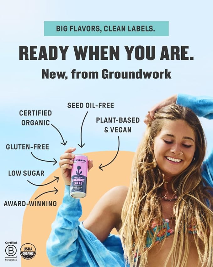 Groundwork Organic Coffee - Coconut Cold Brew Latte - 8 Fl Oz Cans (12 Pack)