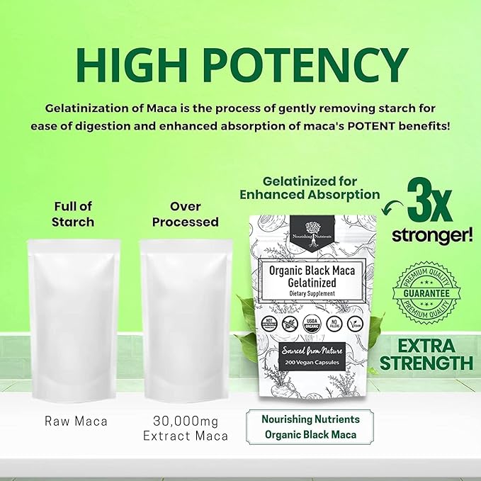Organic Gelatinized Black Maca – 3X Stronger 200 Capsules for Men &amp Women Natural Energy Supplement for Focus Performance Stamina &amp Endurance Mood Enhancement and Stability Mental Clarity