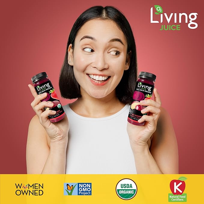 O2 Living Juice Cold Pressed Drink - Red Radiance Organic Juice Pack - No Added Sugar or Water Naturally Sweetened from Fruits Rich in Nutrients &amp Vitamins - Refreshing &amp Non-GMO - 4 fl oz
