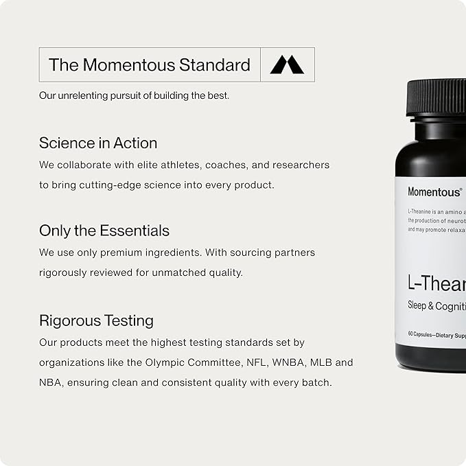 Momentous L-Theanine Supplement - 200 mg Capsules to Promote Relaxation &amp Focus - NSF Certified for Sport - GMO- &amp Gluten-Free - 60 Servings