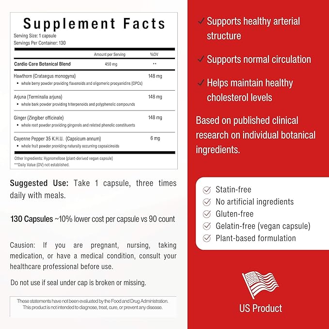 Artery Plaque Removal Formula | 4-Element All-Natural Supplement to Support Blood Pressure Healthy Cholesterol and Heart Rhythm | 130 Easy-to-Swallow Capsules | by Sana Herbal